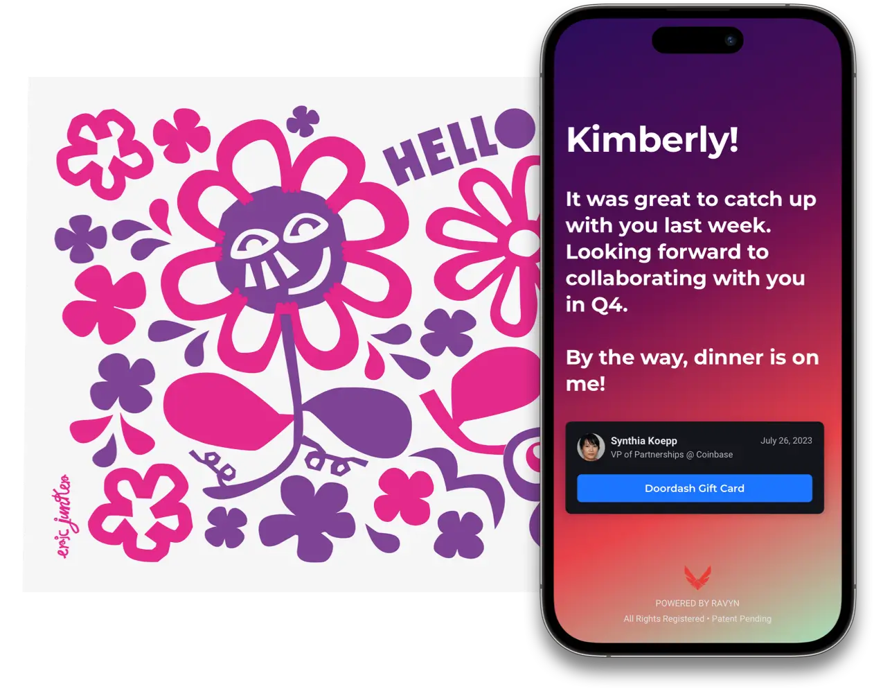 The front cover of a Ravyn with a Doordash gift card unlocked with an iPhone