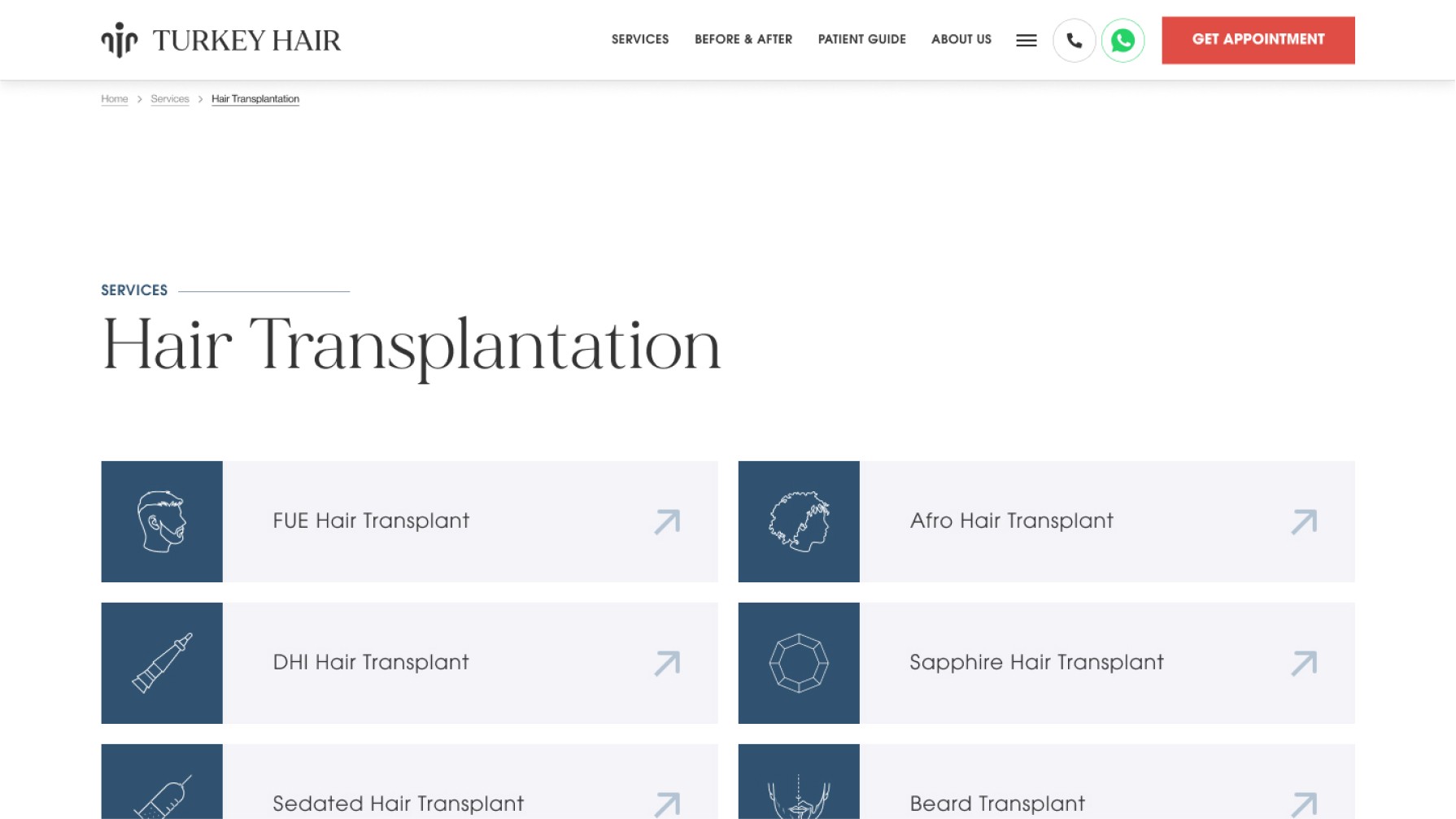 hair transplantation service page of a website