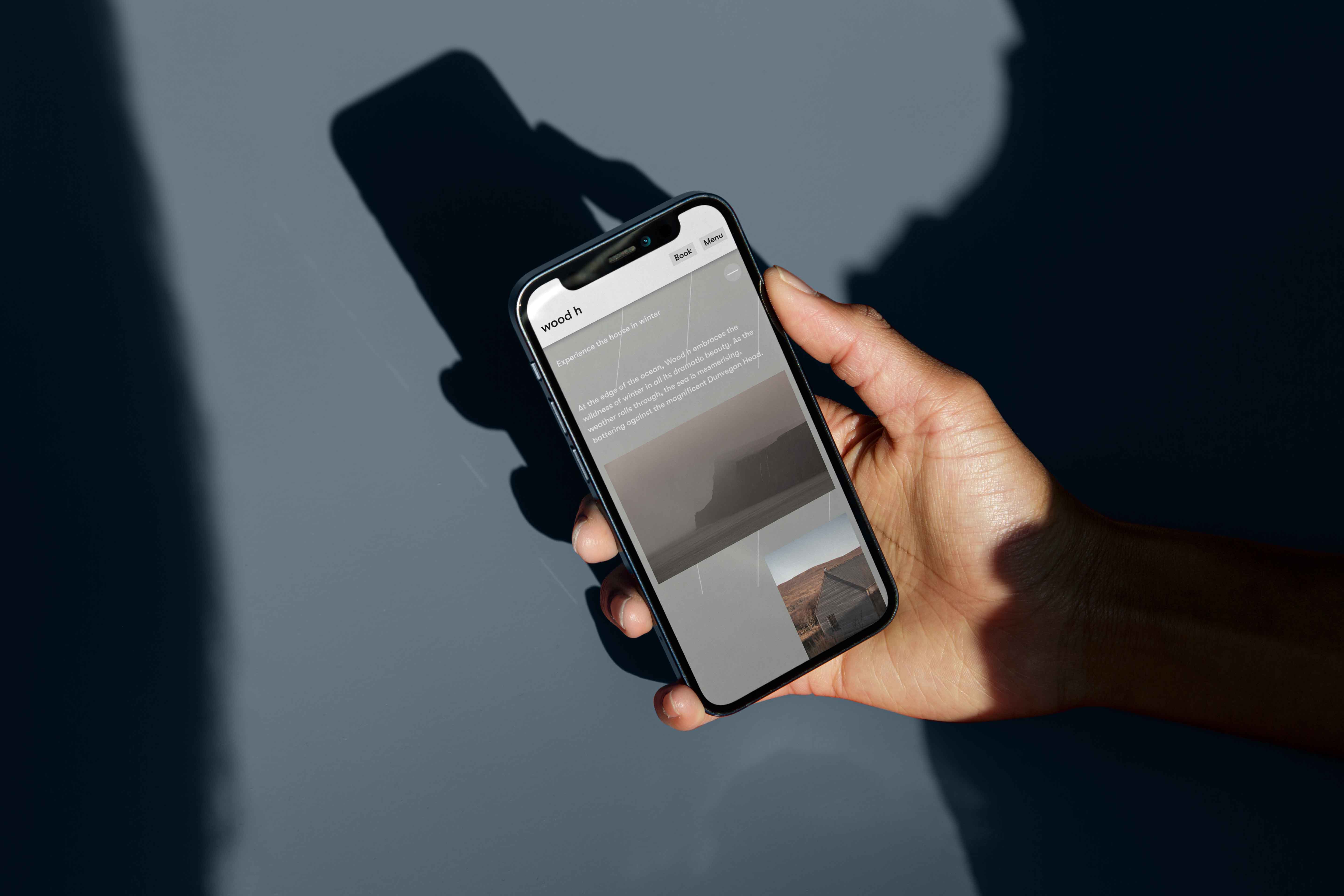 A person holding a mobile with the Harlosh website