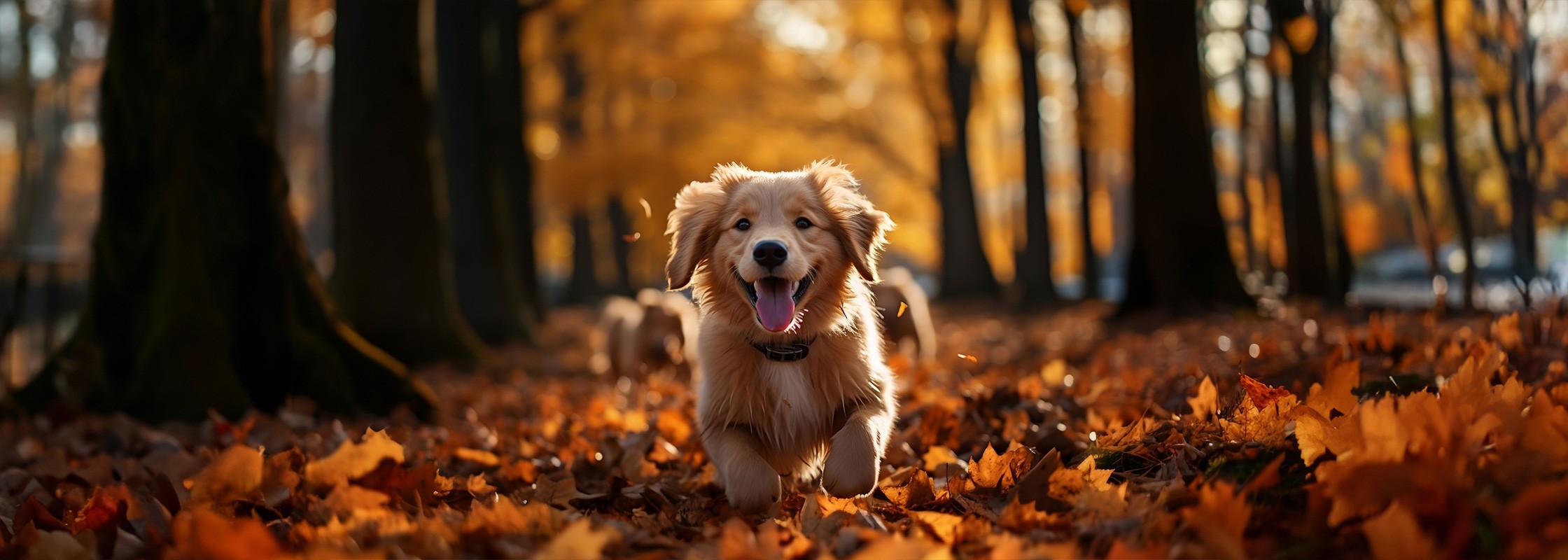 A Midjourney rendered image, by Ashley Ncube, of a golden retriever pup running through some autumn leaves