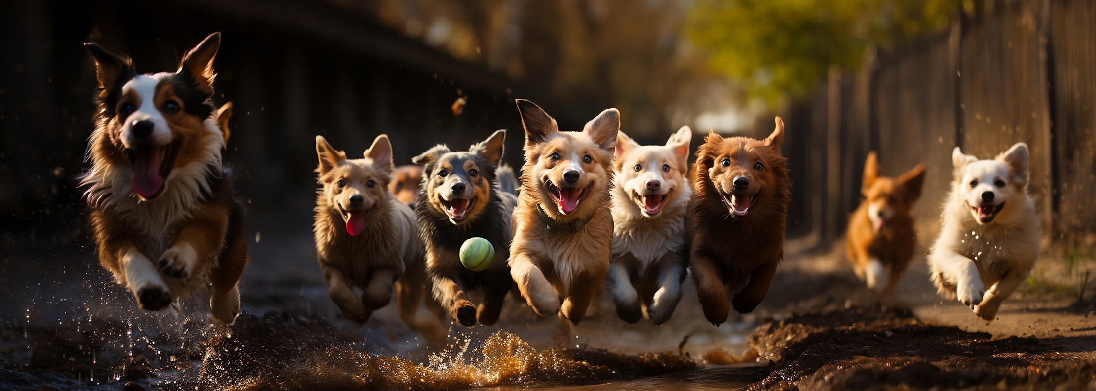 A wide shot Midjourney rendered image by Ashley Ncube, of a group of dogs chasing a green tennis ball