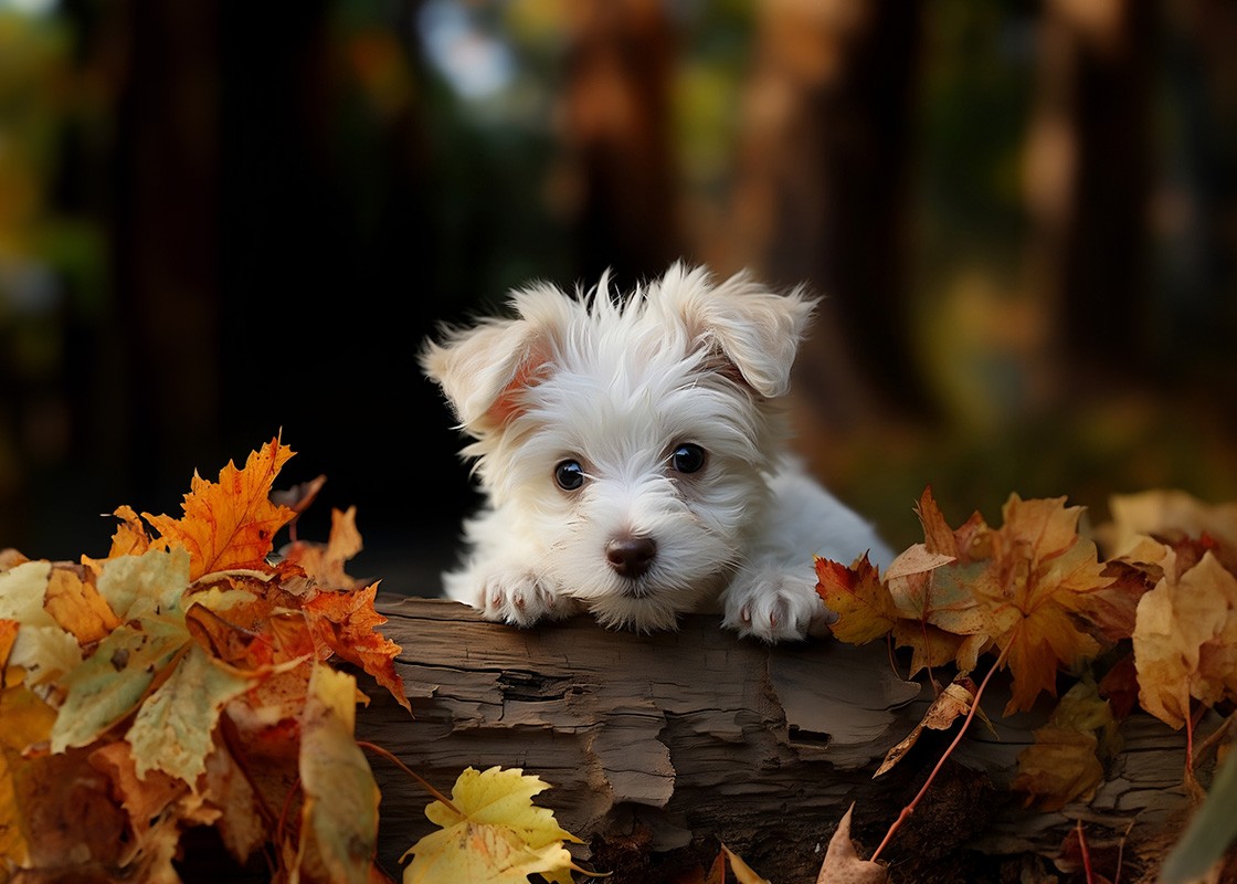 An adorable pup laying amongst the Autumn leaves on a brown tree bark