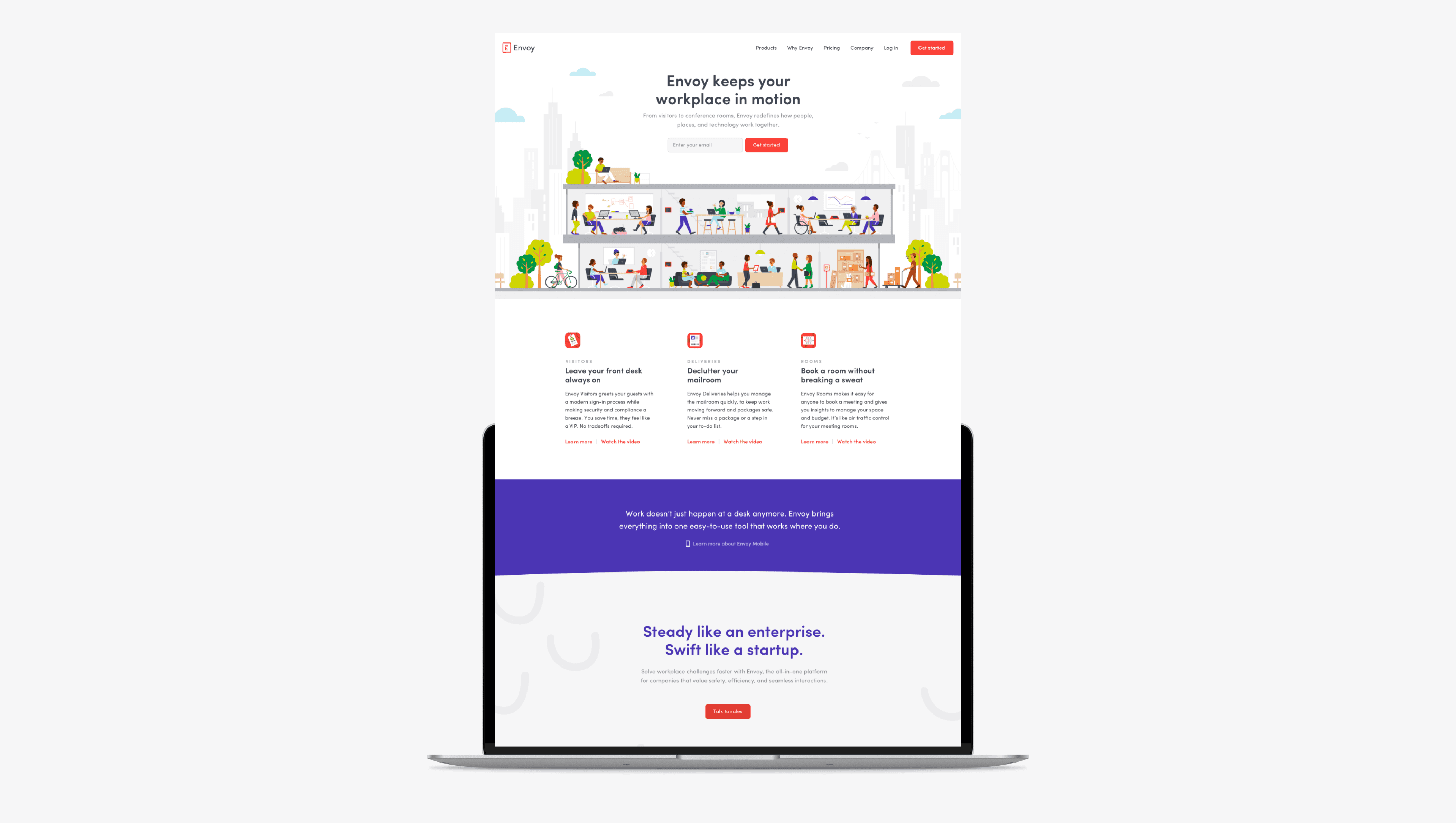 New Envoy homepage, including an illustration of an office, and details for mobile and Enterprise offerings
