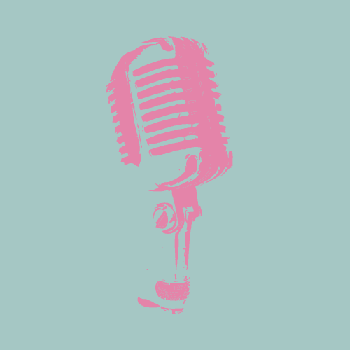 Graphic of pink microphone on green background