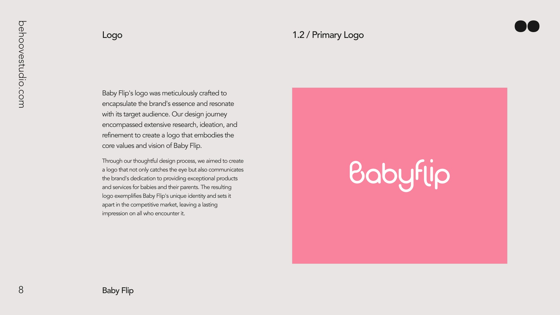 a brand guideline page of baby flip's logo