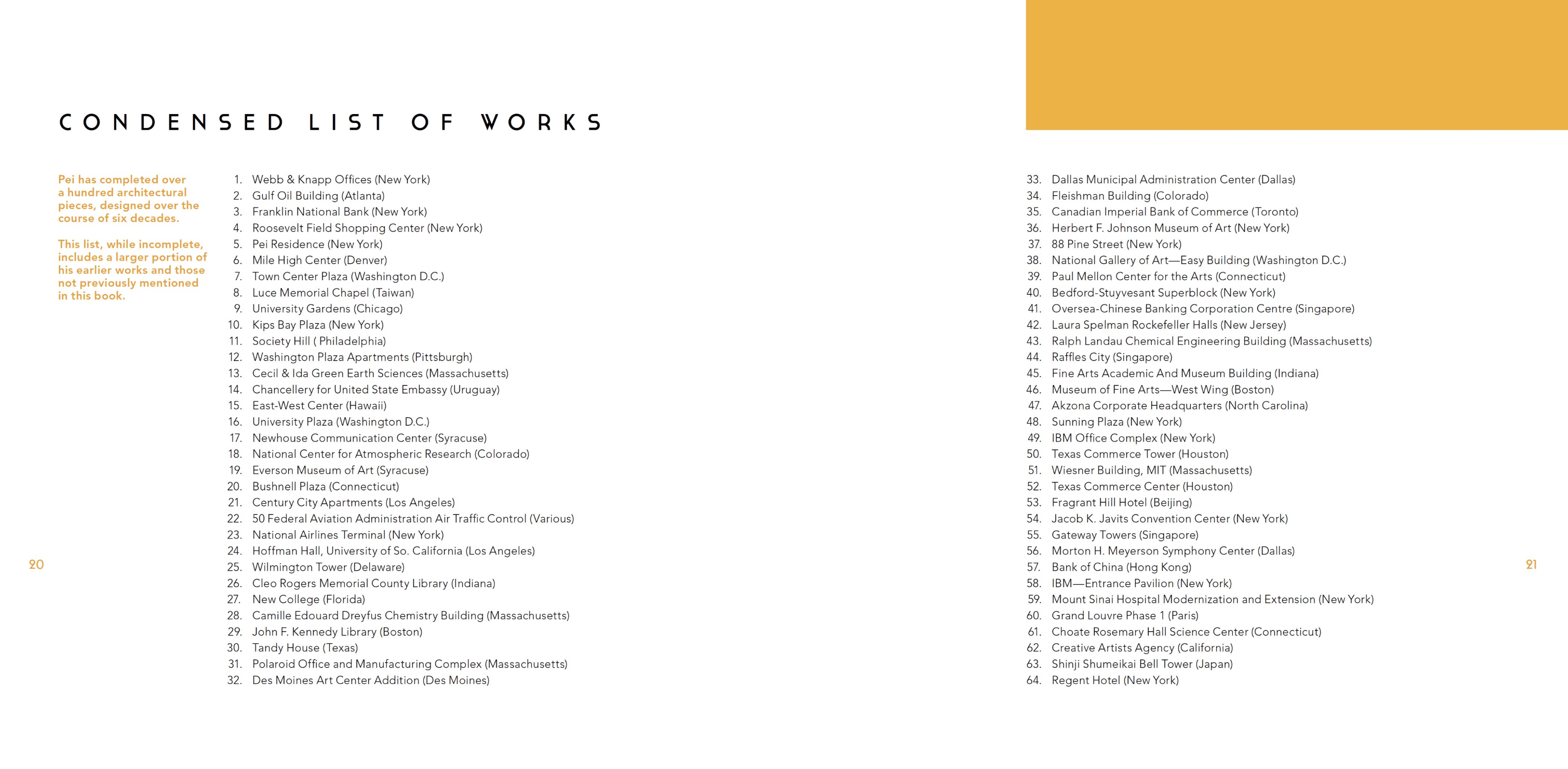 Book spreads with the condensed list of works