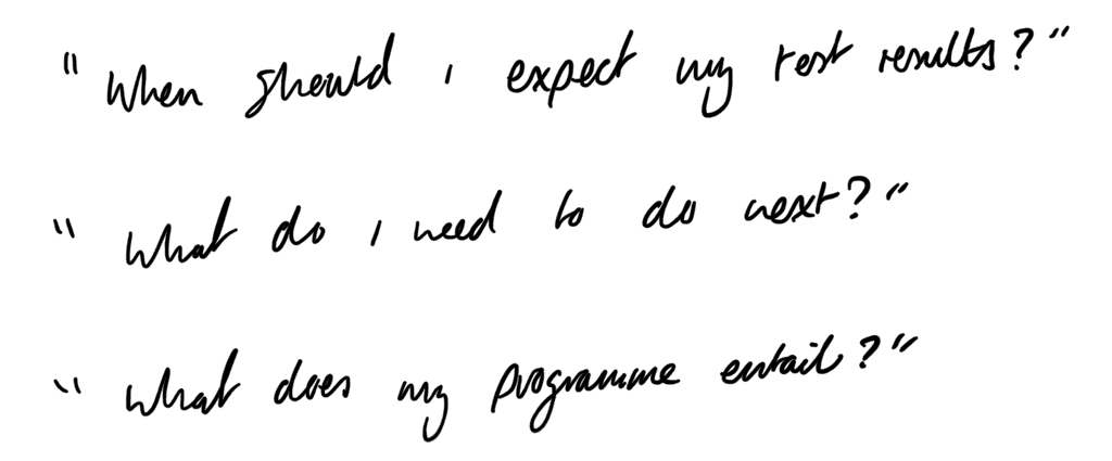 Quotes "When should i expect my test results?", "What do i need to do next?", "What does my programme entail?"