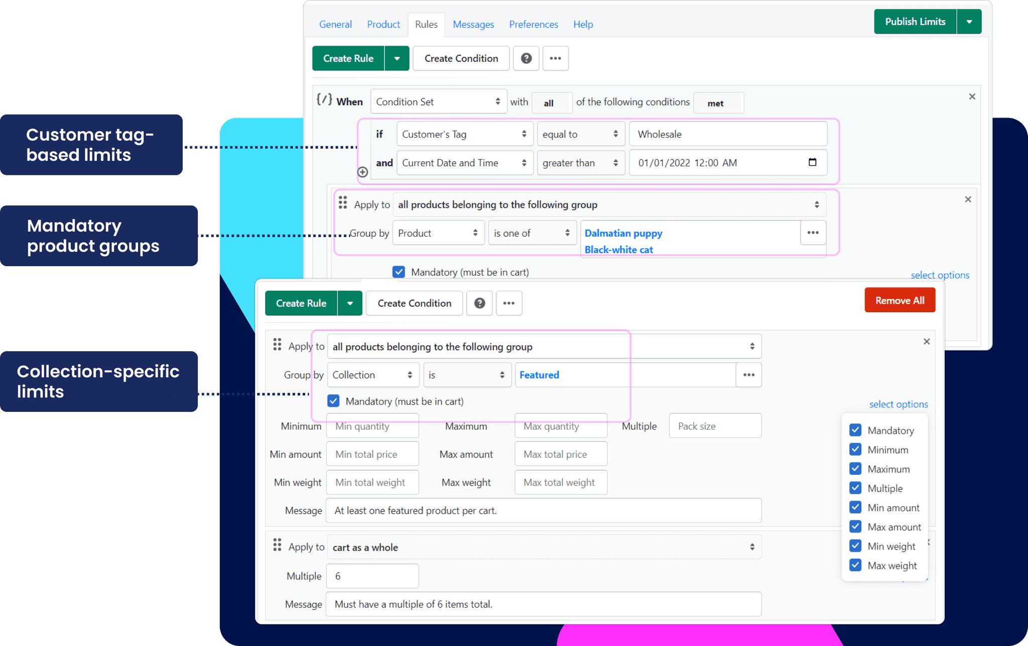 Set up your limits per product, collection, and groups and leave the rest to us!