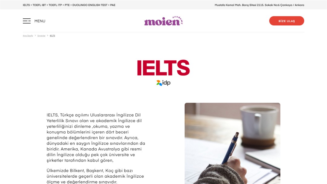 IELTS exam page of a website