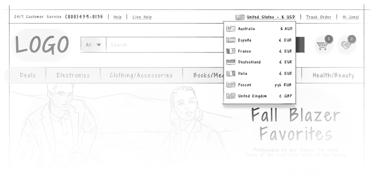 Website-Header_Currency-Selector ecommerce ux design