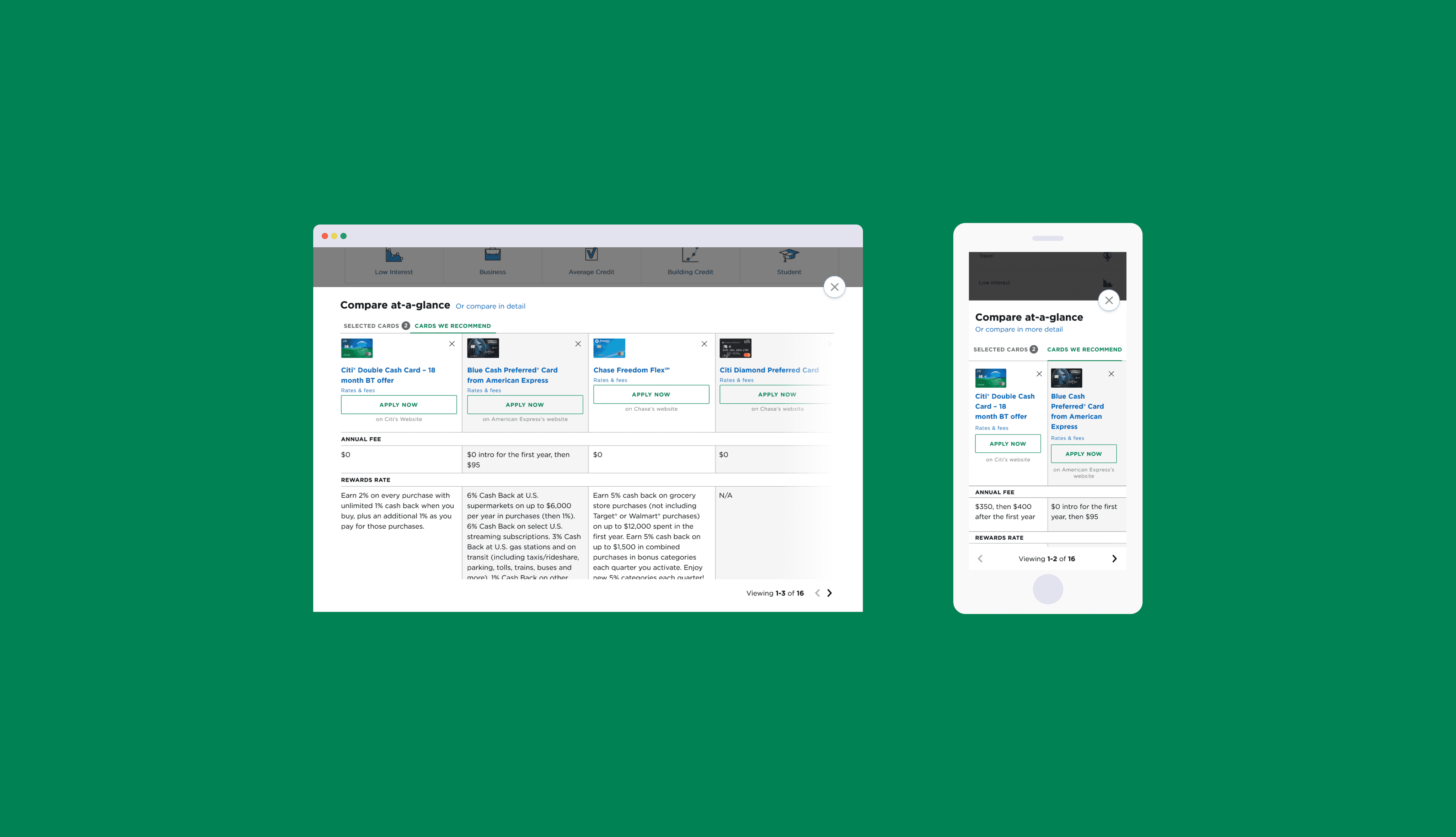 A credit card comparison feature on NerdWallet's website