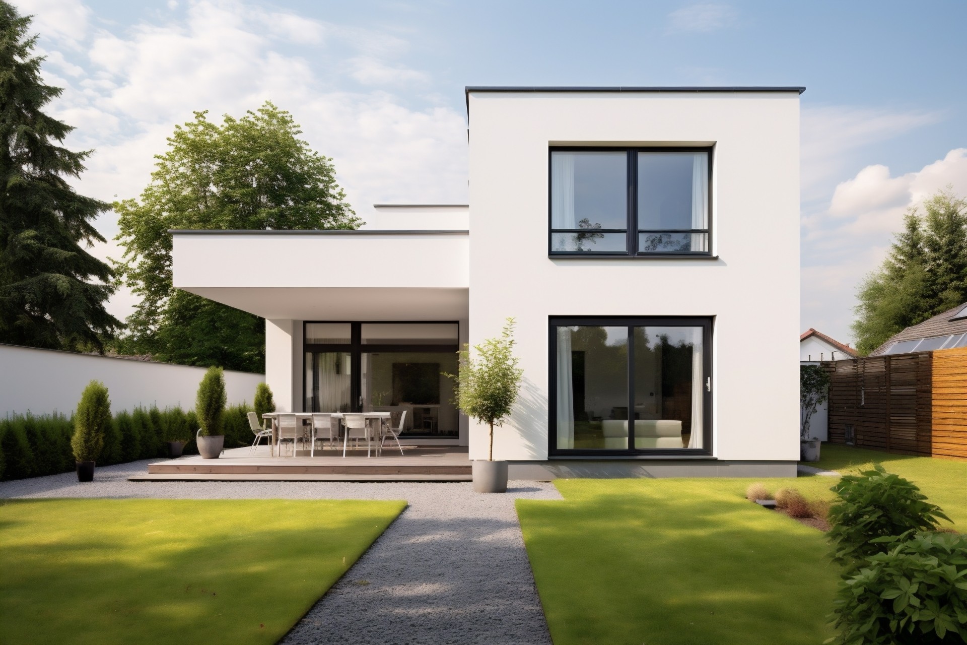 白い一戸建てを外から見た構図