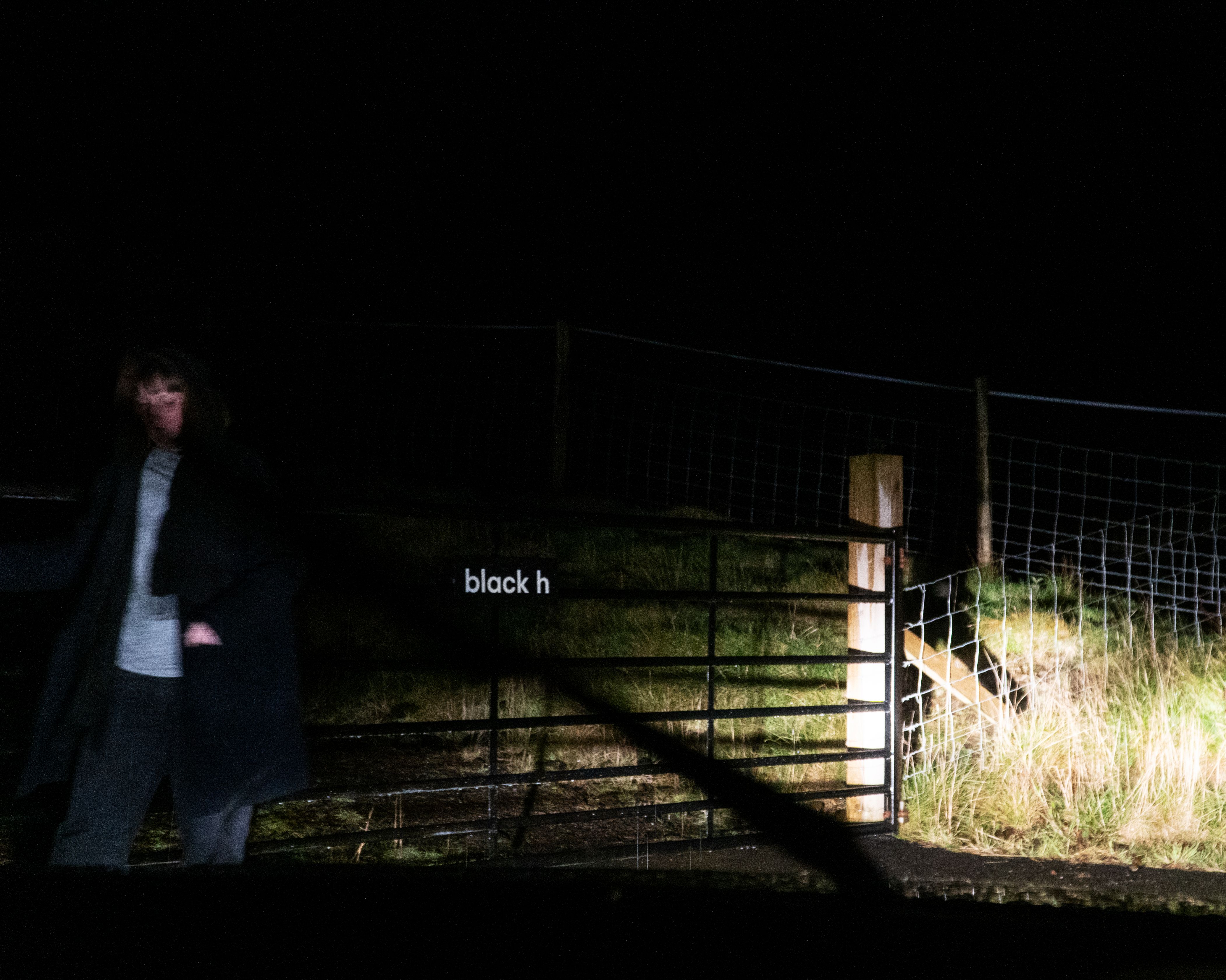 A gate with the Harlosh Black h logo on it