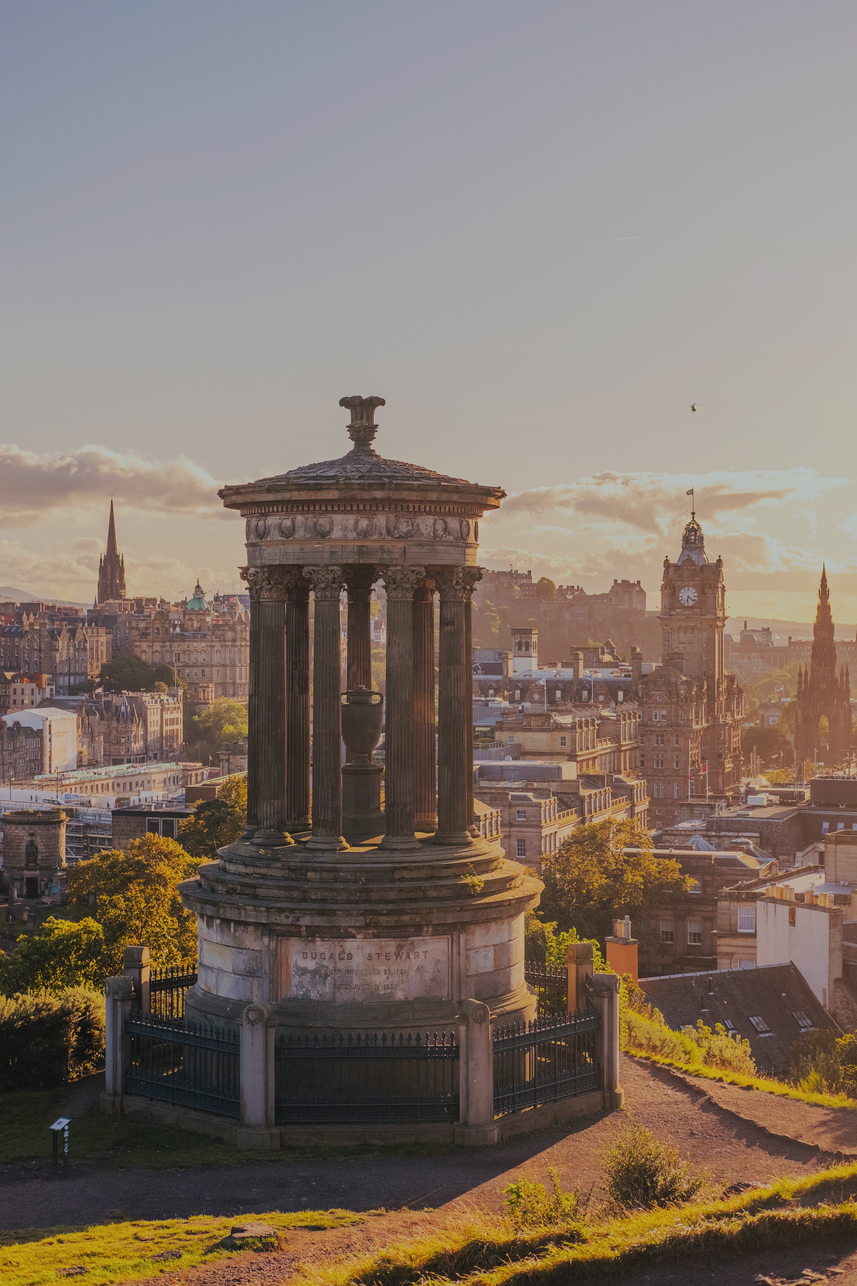 view of old monument on calton hill in edinburgh