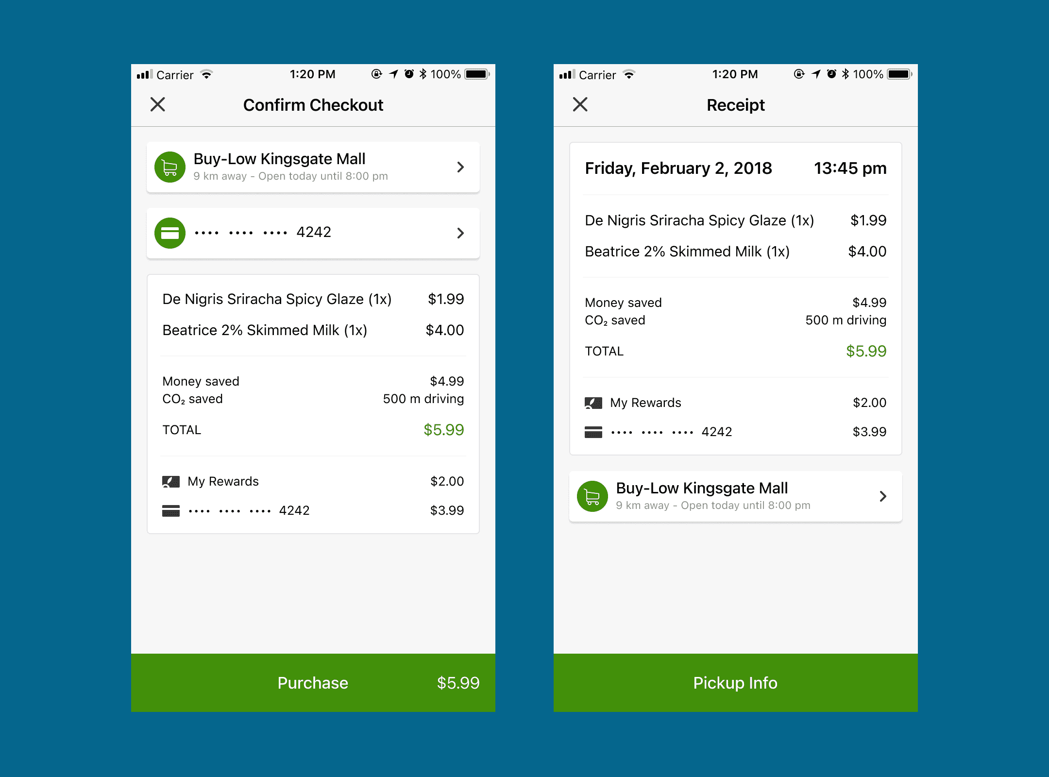 Purchase summary (left) and receipt (right)