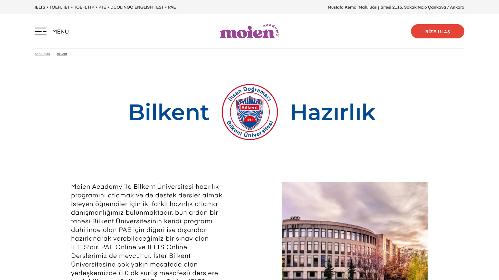 bilkent hazırlık  page of Moien Academy