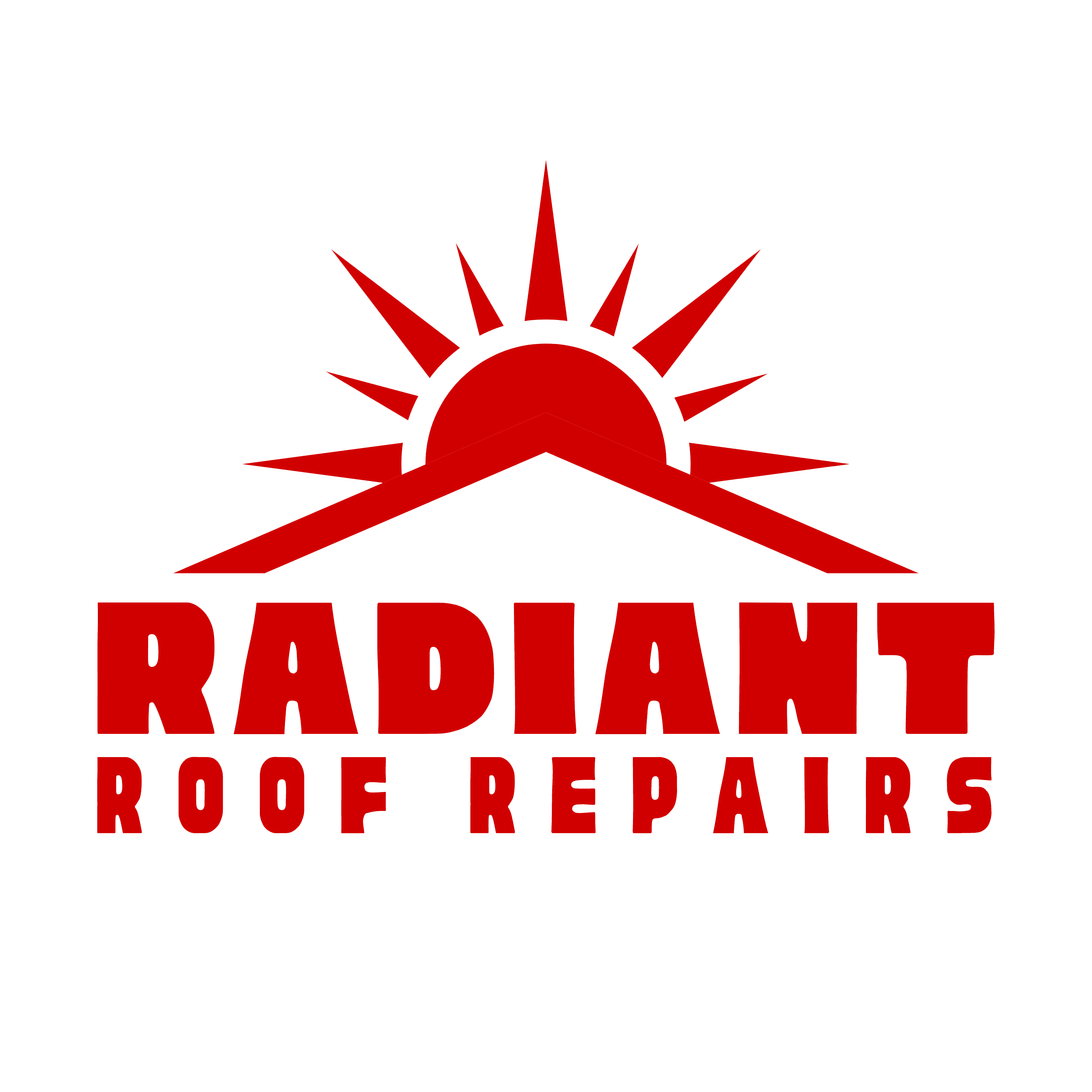 Logo for Radiant Roof Repairs: The word 'RADIANT' prominently displayed in large red capital letters, with 'Roof Repairs' neatly aligned below in slightly smaller red capitals. Accentuating the brand, a red silhouette outline of a roof is showcased, with a sun radiating beams from behind it. Symbolising expert roof repair and restoration services in the Gold Coast region.