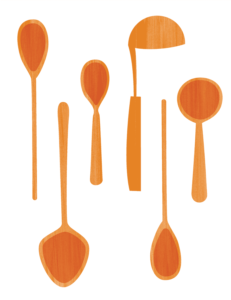 Dark orange watercolor washed paper is cut into cooking spoon shapes arranged together vertically.