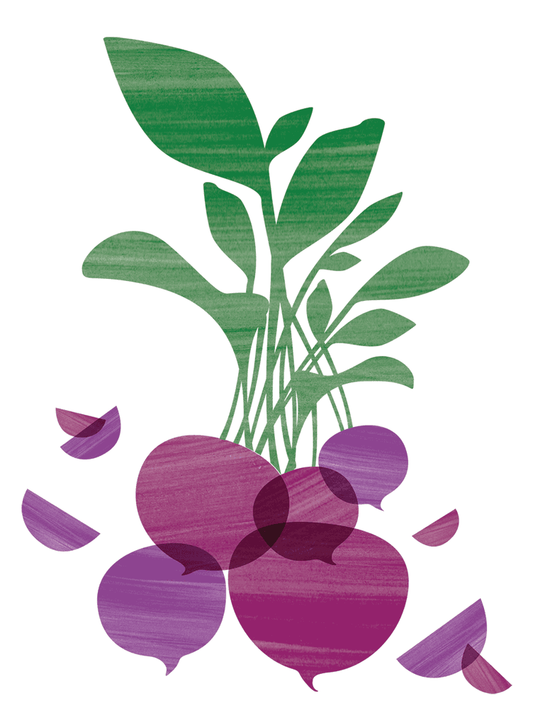 Purple watercolor wash cut into beet shapes and pieces and overlaid together. They have greens attached of the same style