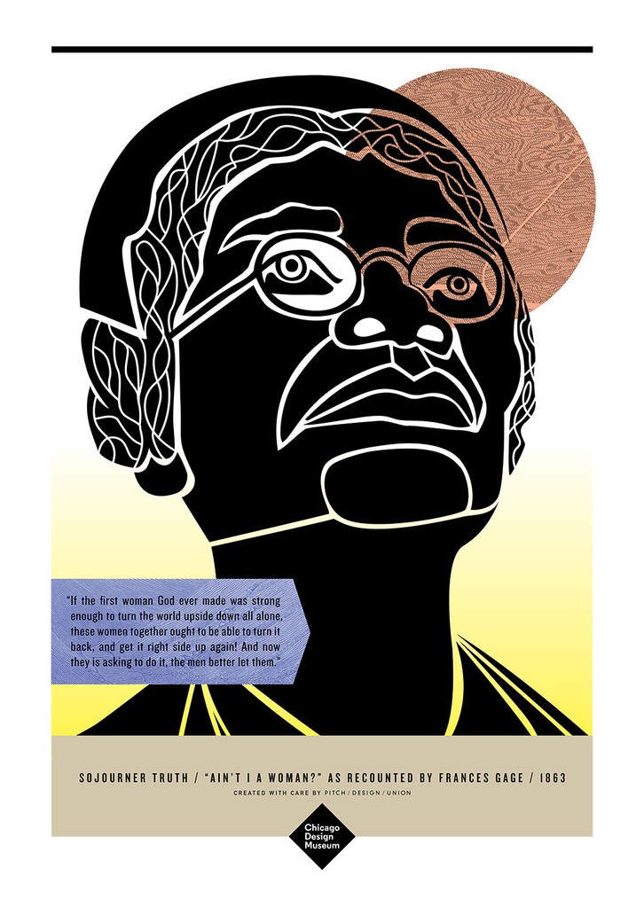 Woodcut style illustration of Sojournet Truth looking upward with a texured sun. Includes quote and title of the poster