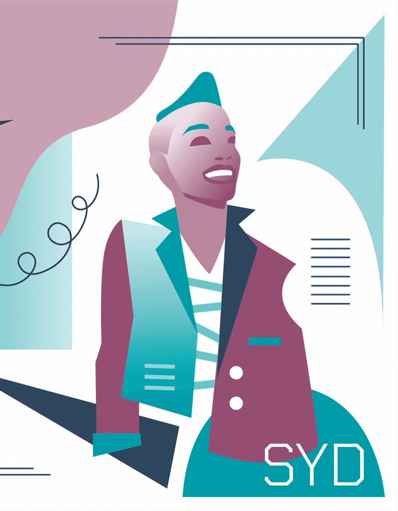 Flat graphic illustation of singer, Syd wearing a blazer and striped shirt with shapes in the background. Printed in a dark red and turquoise colors.