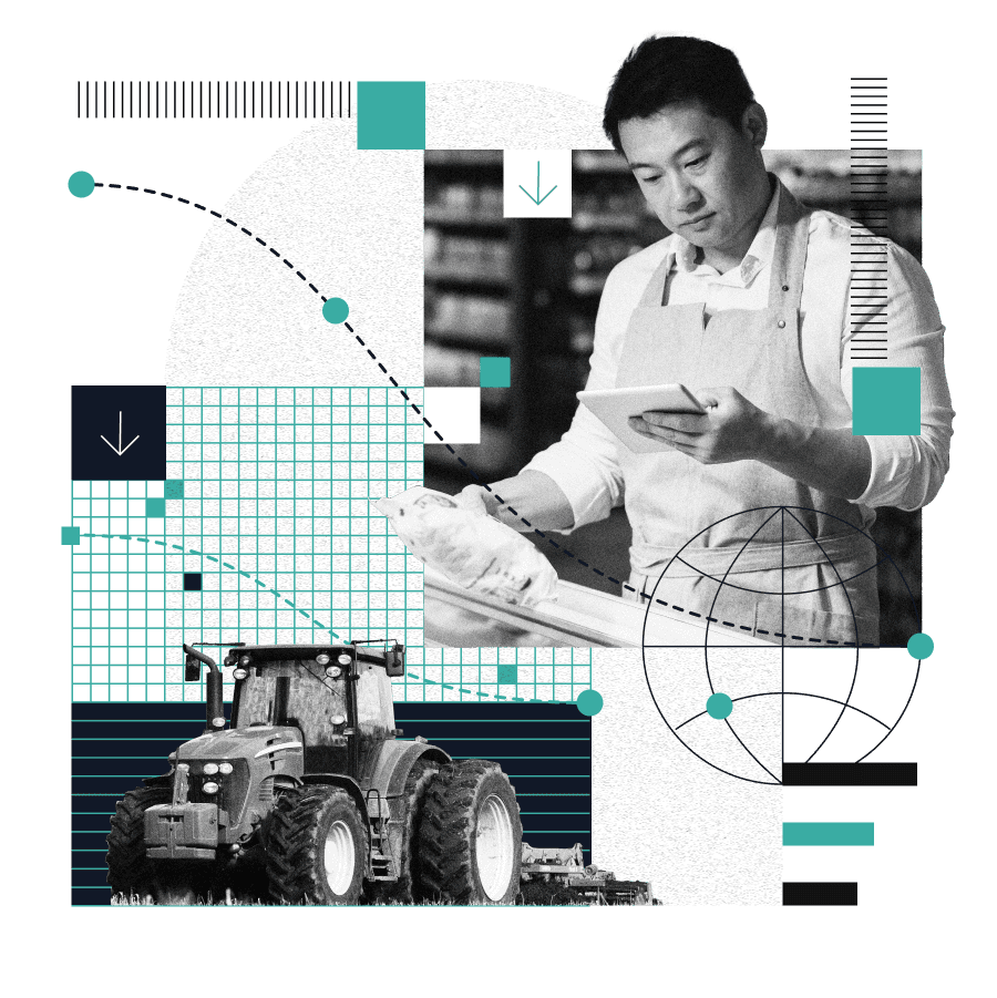 A shop keeper looking at and tablet with illustraions showing supply chain data