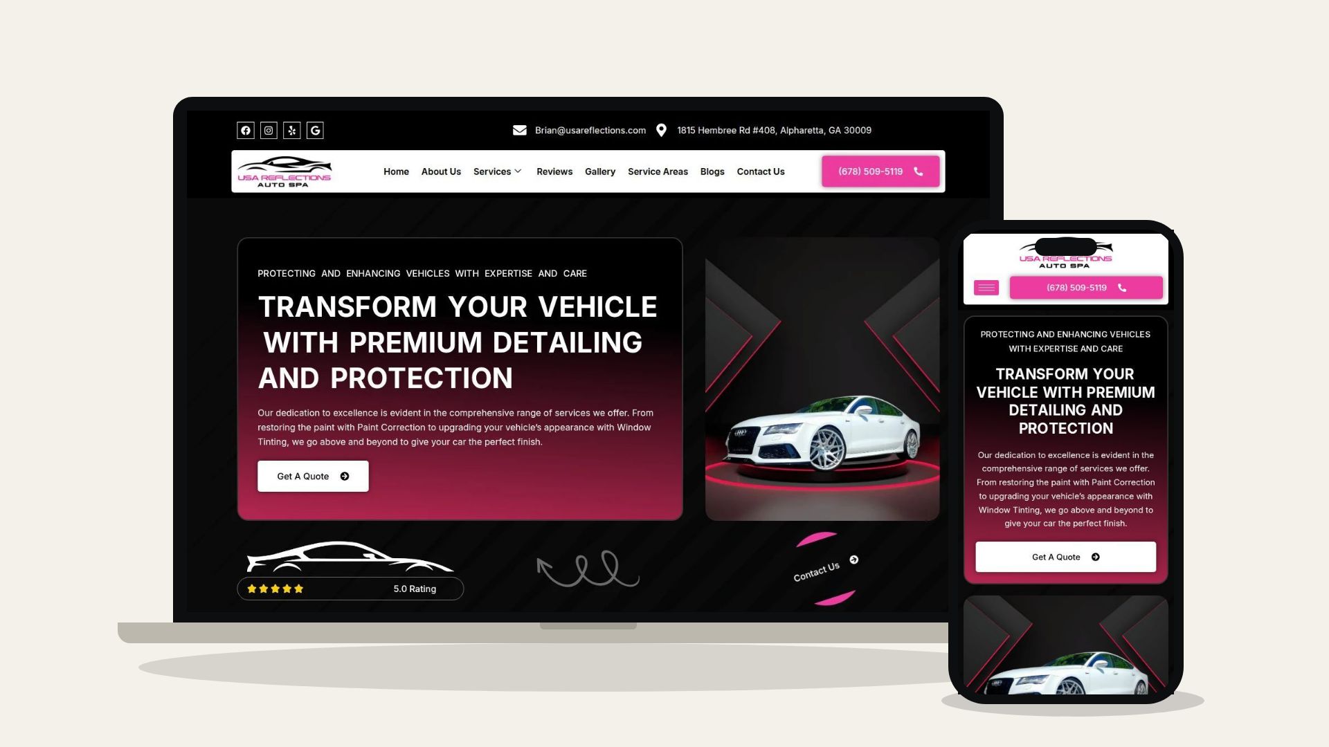 USA Reflections Auto Spa website shown on laptop and phone, designed by Creative 360 Pro